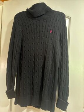 Ralph Lauren Black Cable-Knit Turtleneck with Pink Pony Emblem